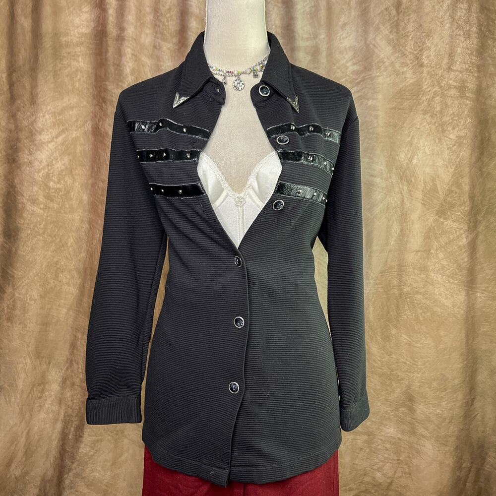 Vintage Emo Goth Shirt 90s Cardigan Top Studded Faux Leather Striped Button Up